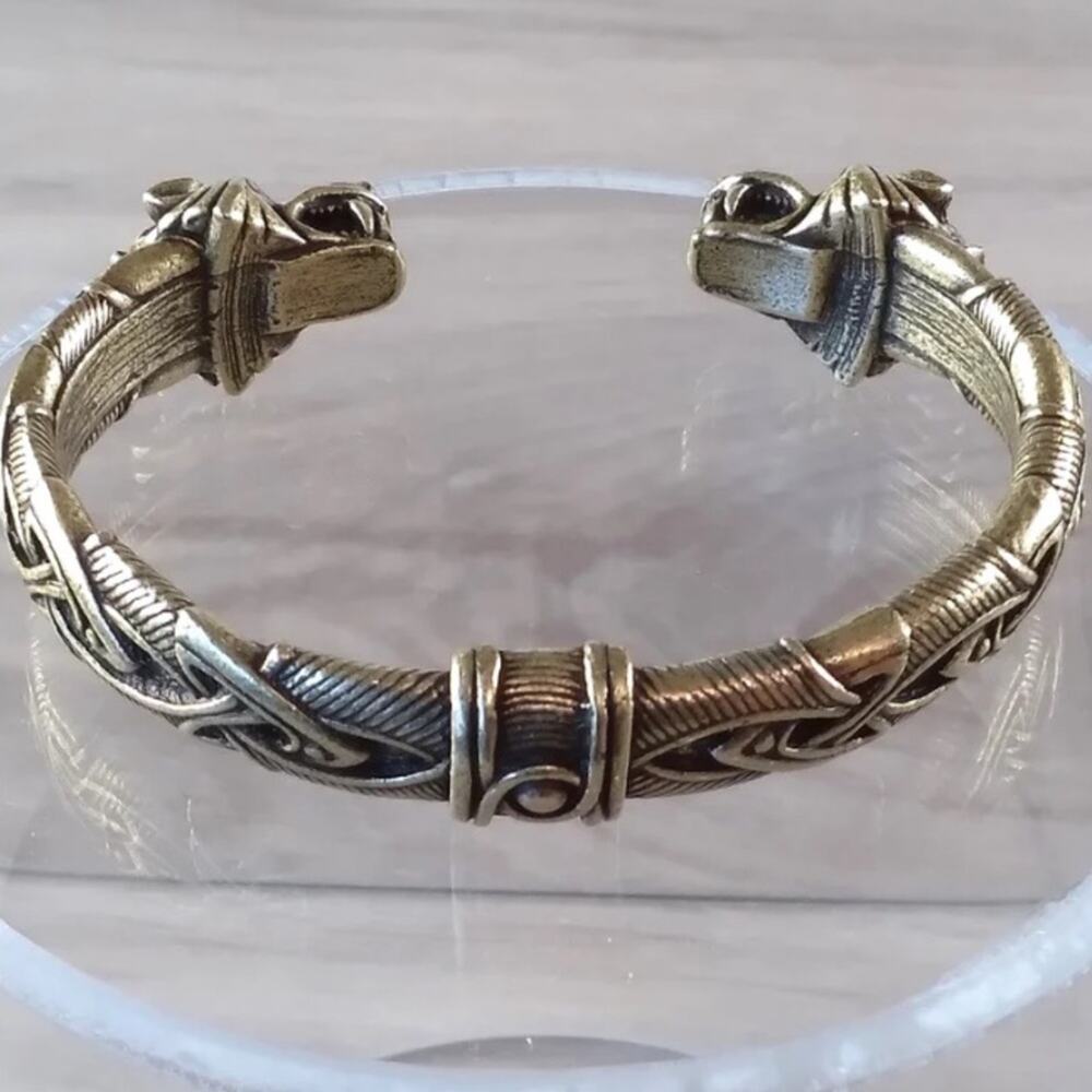 Silver Wolf Head Viking Norse Knotwork Cuff Bangle Bracelet - Picture 8 of 12